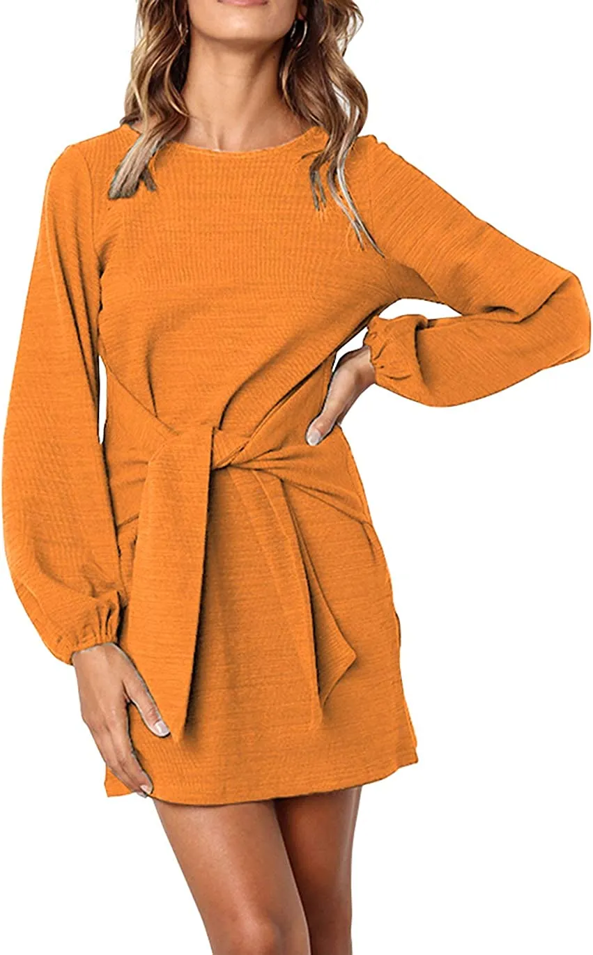 Women's Elegant Long Lantern Sleeve Short Dress Crewneck Tie Waist Knit