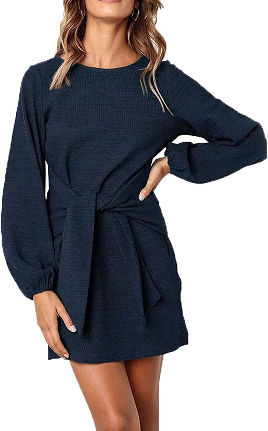 Women's Elegant Long Lantern Sleeve Short Dress Crewneck Tie Waist Knit