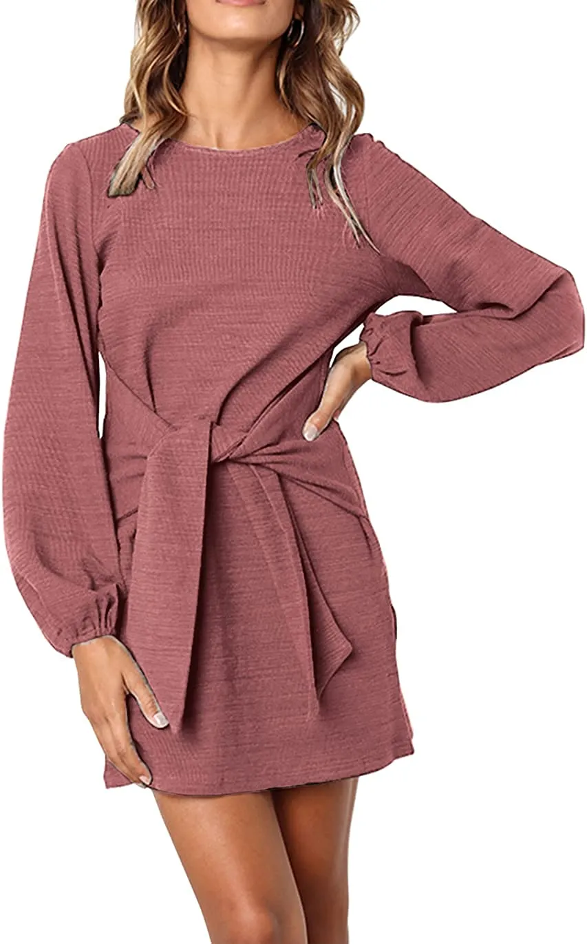 Women's Elegant Long Lantern Sleeve Short Dress Crewneck Tie Waist Knit