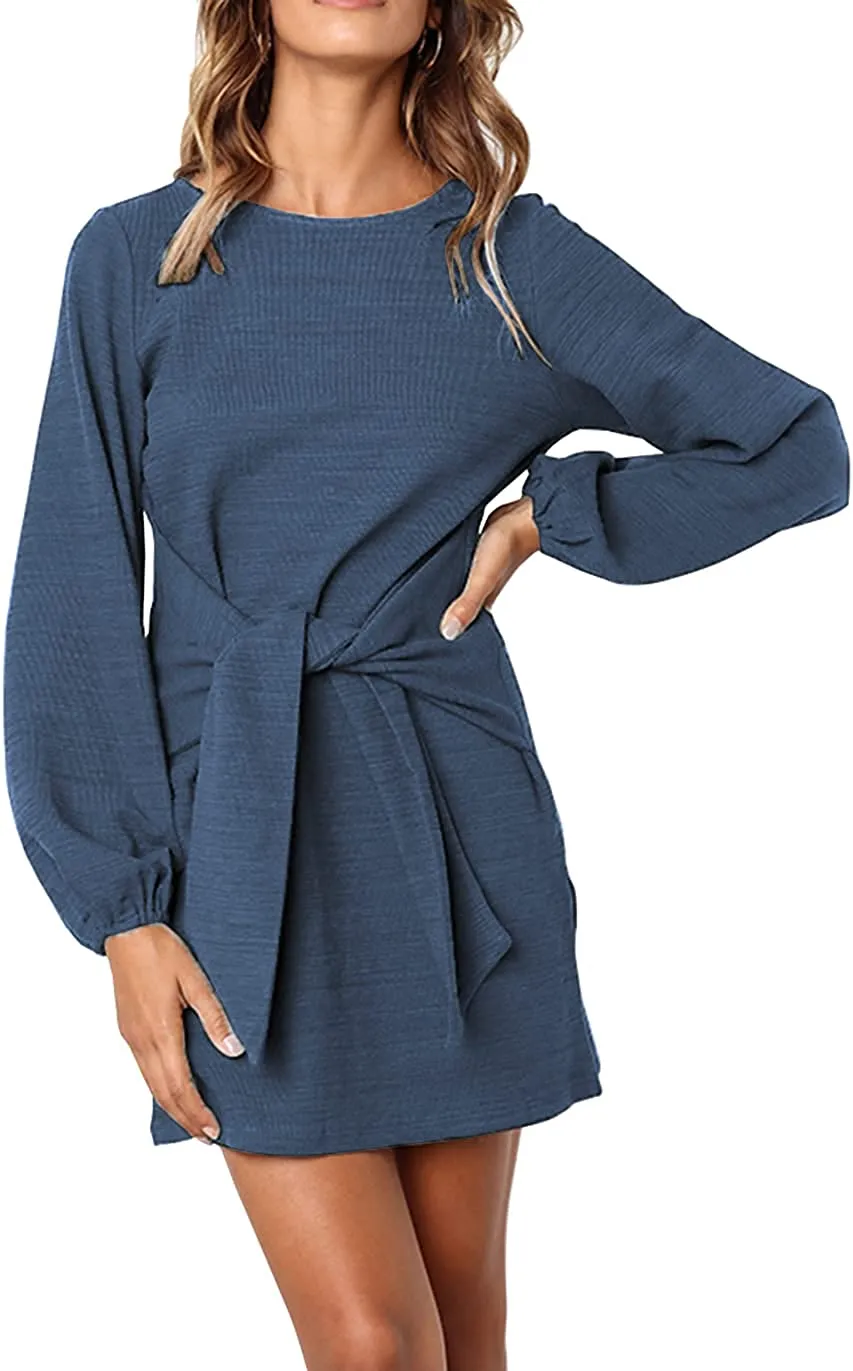 Women's Elegant Long Lantern Sleeve Short Dress Crewneck Tie Waist Knit