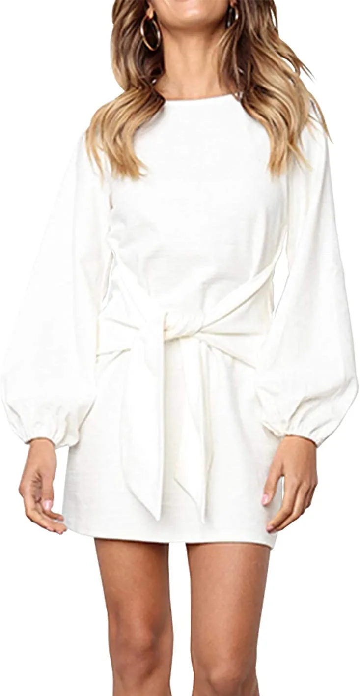 Women's Elegant Long Lantern Sleeve Short Dress Crewneck Tie Waist Knit