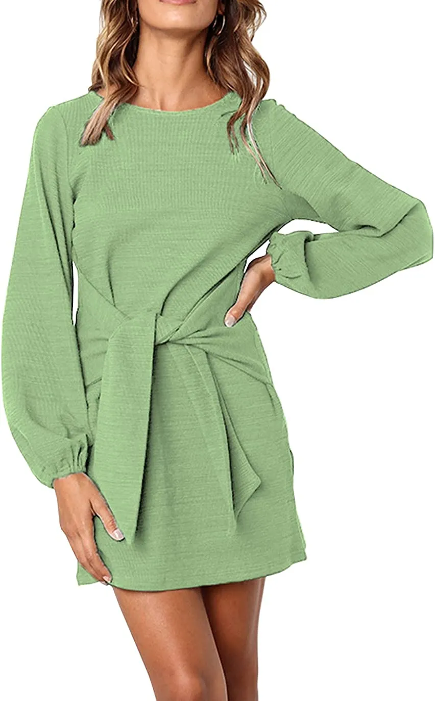 Women's Elegant Long Lantern Sleeve Short Dress Crewneck Tie Waist Knit