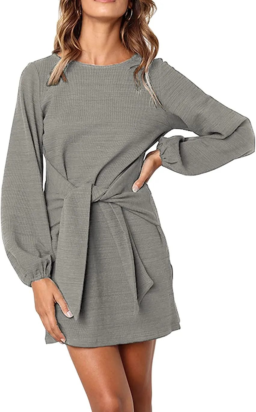 Women's Elegant Long Lantern Sleeve Short Dress Crewneck Tie Waist Knit