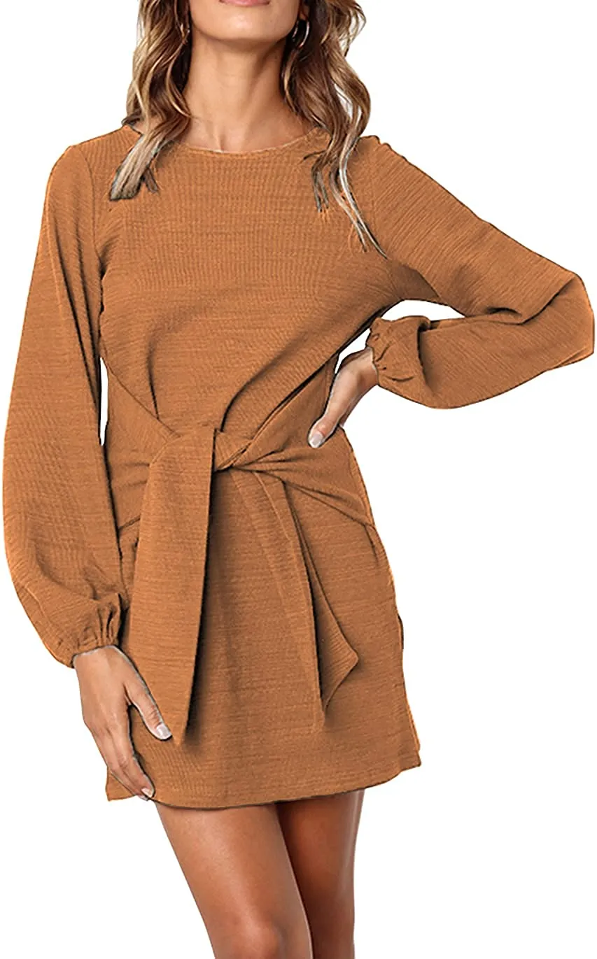 Women's Elegant Long Lantern Sleeve Short Dress Crewneck Tie Waist Knit