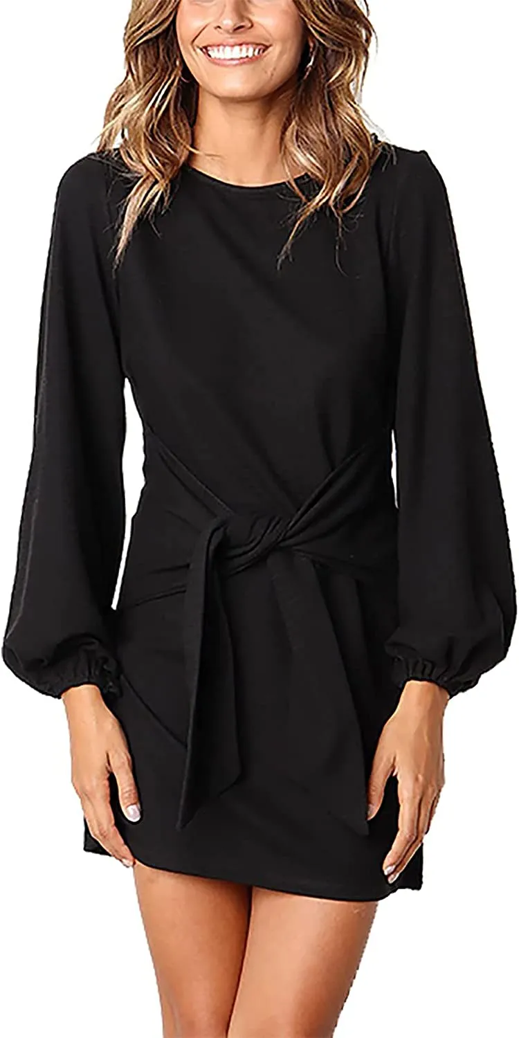 Women's Elegant Long Lantern Sleeve Short Dress Crewneck Tie Waist Knit