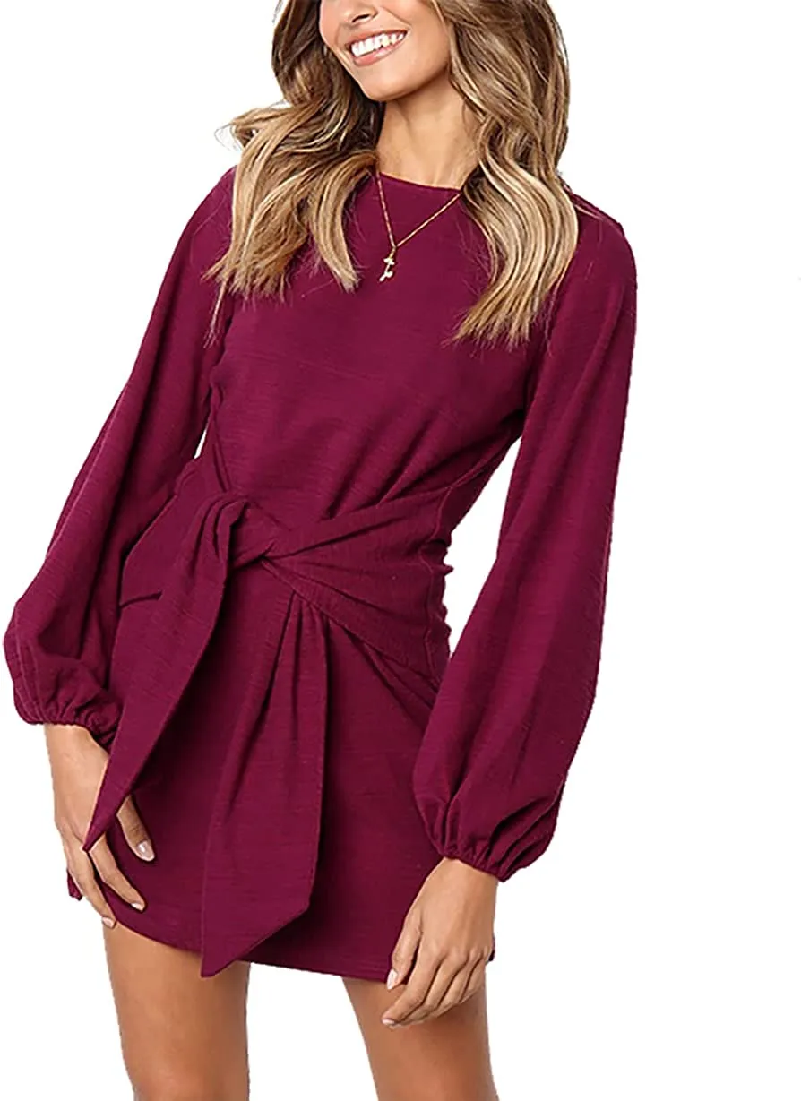 Women's Elegant Long Lantern Sleeve Short Dress Crewneck Tie Waist Knit