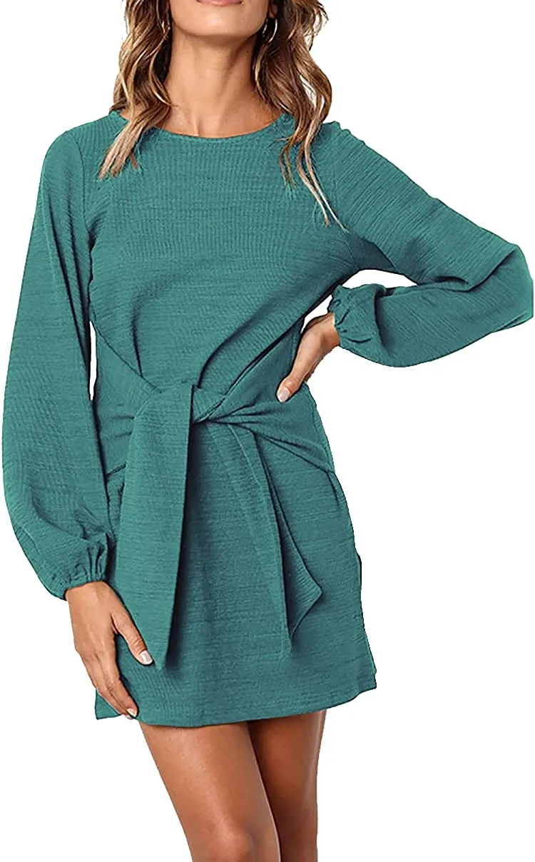 Women's Elegant Long Lantern Sleeve Short Dress Crewneck Tie Waist Knit