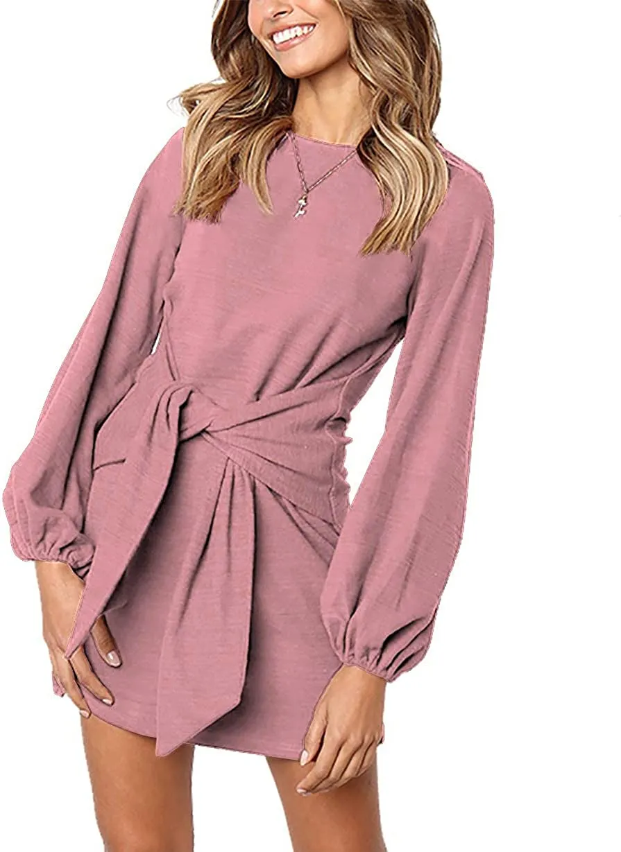 Women's Elegant Long Lantern Sleeve Short Dress Crewneck Tie Waist Knit