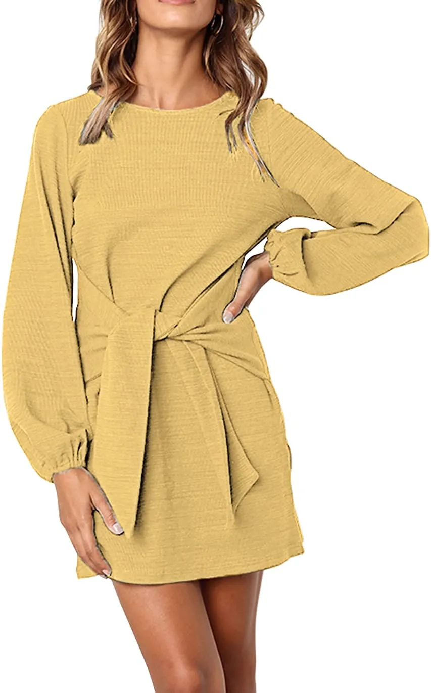 Women's Elegant Long Lantern Sleeve Short Dress Crewneck Tie Waist Knit