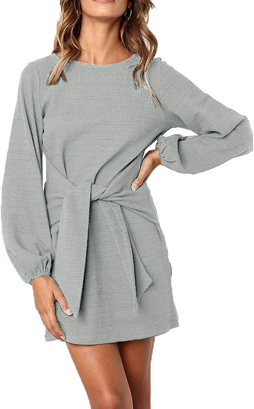 Women's Elegant Long Lantern Sleeve Short Dress Crewneck Tie Waist Knit