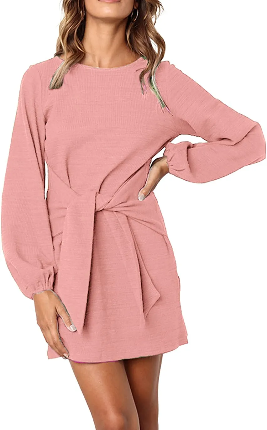 Women's Elegant Long Lantern Sleeve Short Dress Crewneck Tie Waist Knit