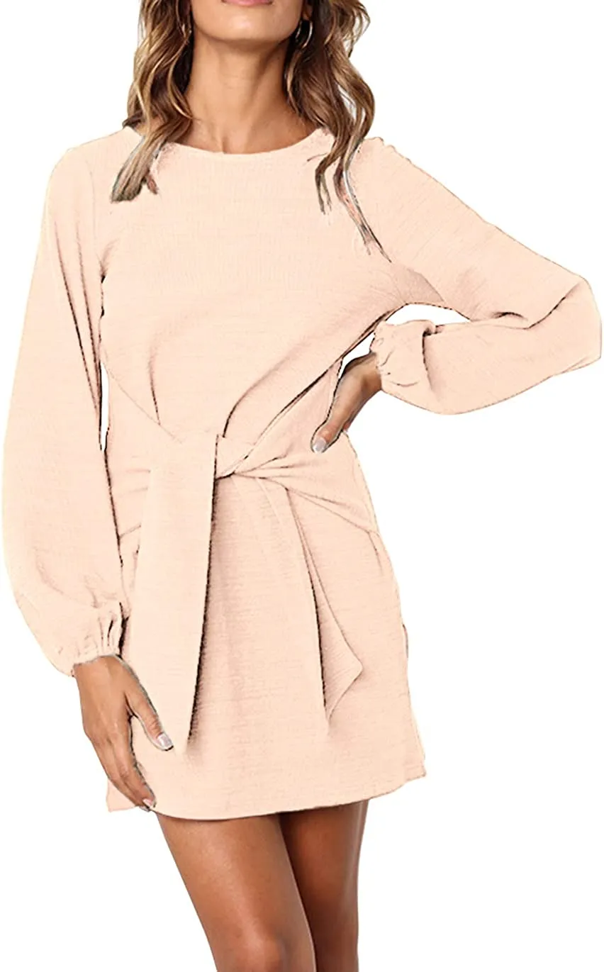 Women's Elegant Long Lantern Sleeve Short Dress Crewneck Tie Waist Knit
