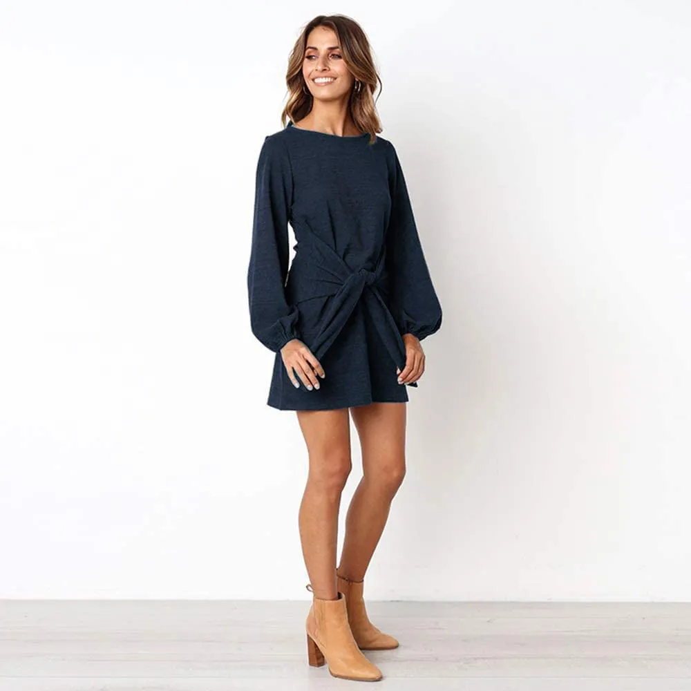 Women's Elegant Long Lantern Sleeve Short Dress Crewneck Tie Waist Knit