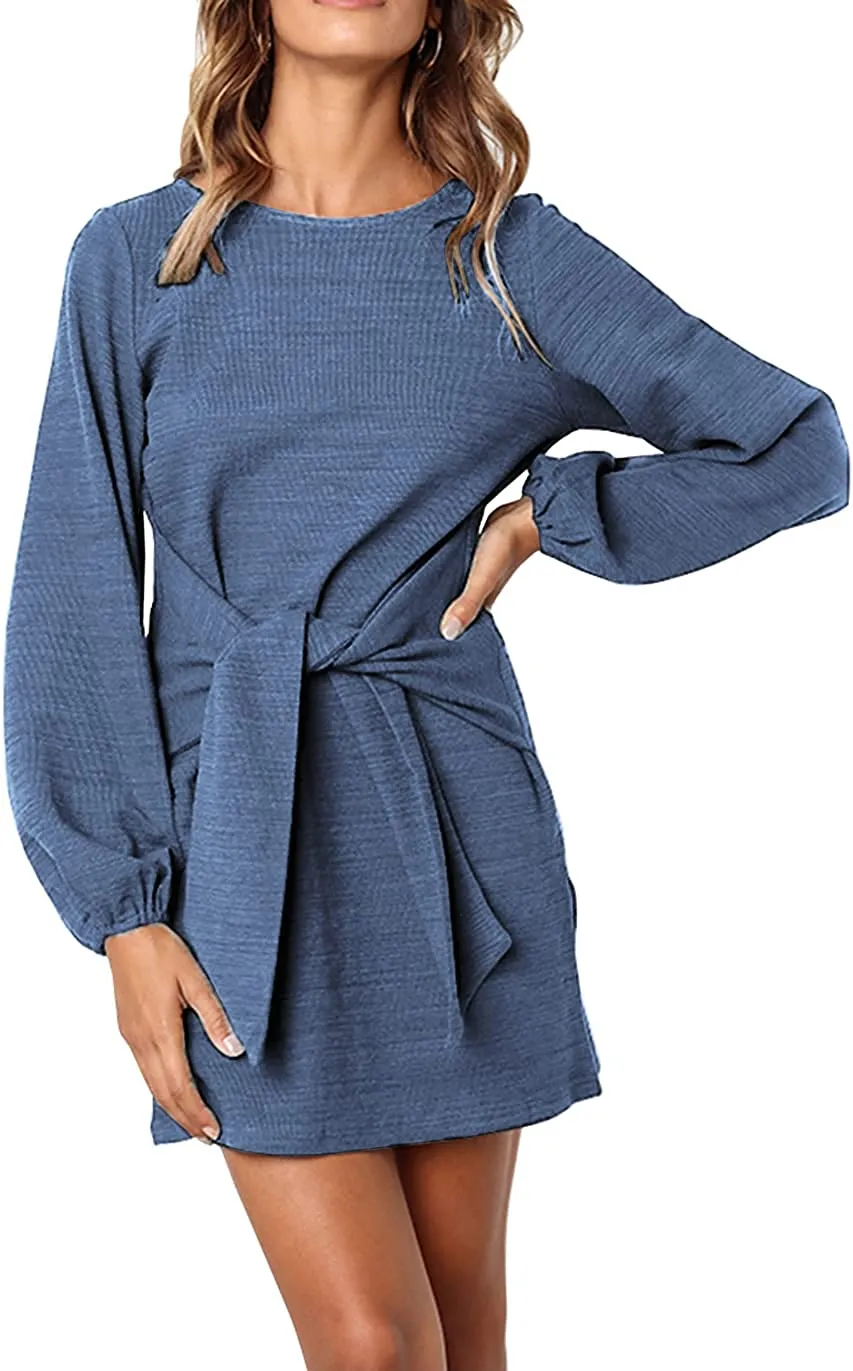 Women's Elegant Long Lantern Sleeve Short Dress Crewneck Tie Waist Knit