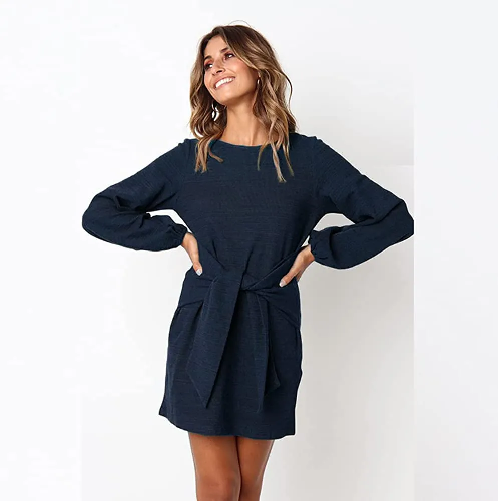 Women's Elegant Long Lantern Sleeve Short Dress Crewneck Tie Waist Knit