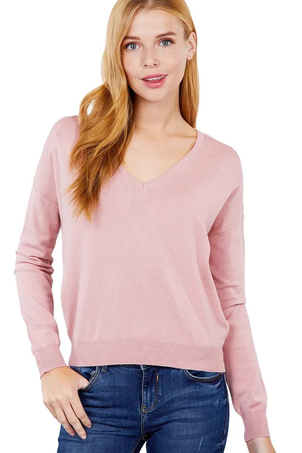 Women's Long Sleeve V-Neck Back Cross Strap Viscose Sweater Top