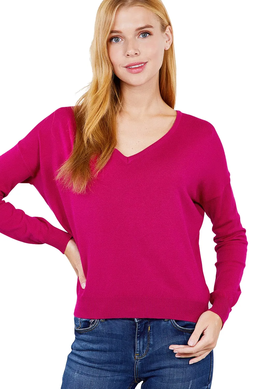 Women's Long Sleeve V-Neck Back Cross Strap Viscose Sweater Top