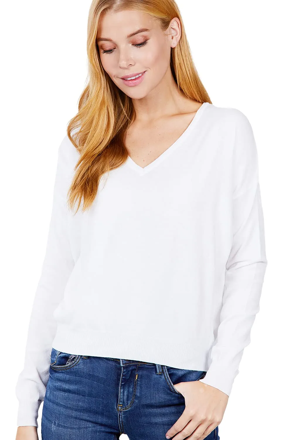 Women's Long Sleeve V-Neck Back Cross Strap Viscose Sweater Top