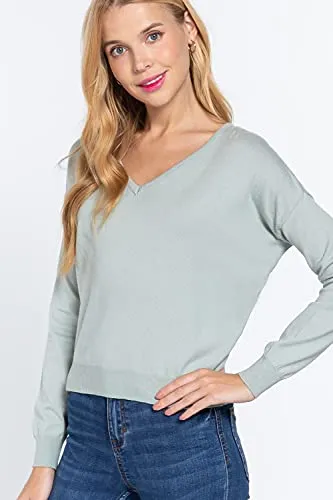Women's Long Sleeve V-Neck Back Cross Strap Viscose Sweater Top