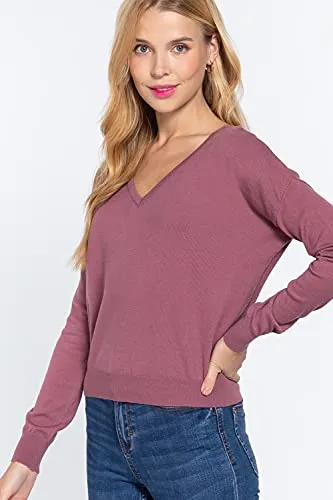 Women's Long Sleeve V-Neck Back Cross Strap Viscose Sweater Top