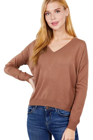 Women's Long Sleeve V-Neck Back Cross Strap Viscose Sweater Top