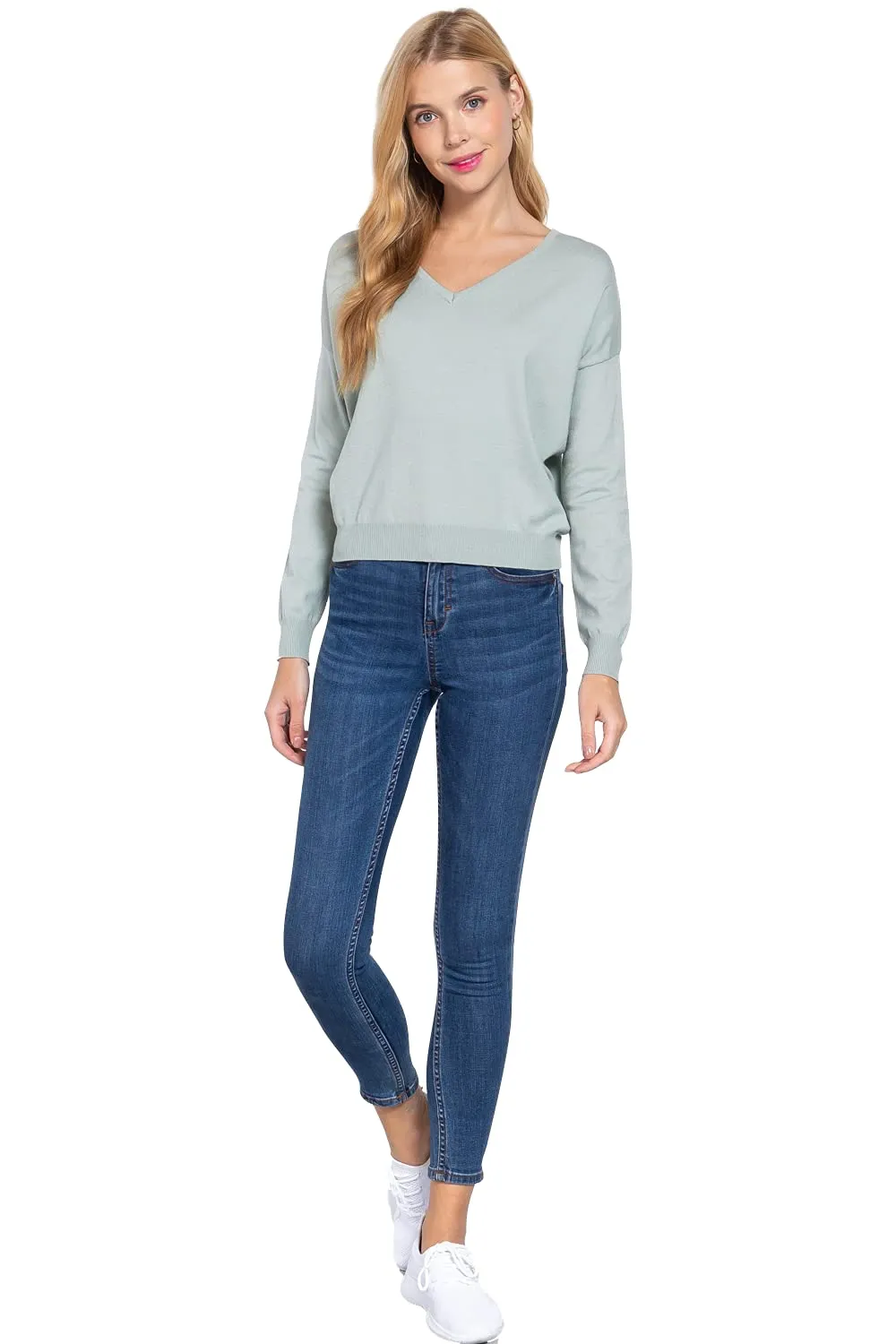 Women's Long Sleeve V-Neck Back Cross Strap Viscose Sweater Top
