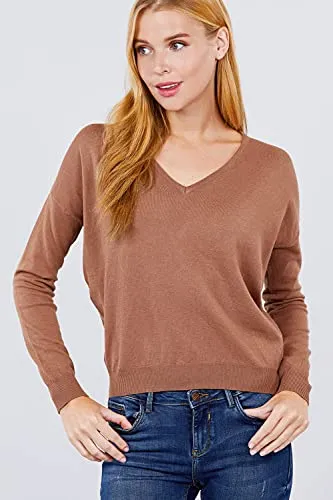 Women's Long Sleeve V-Neck Back Cross Strap Viscose Sweater Top