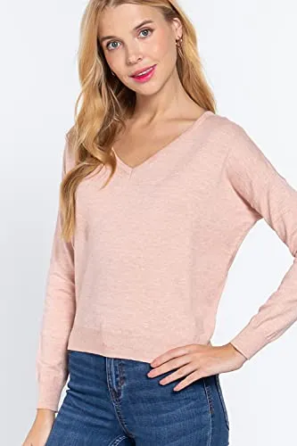Women's Long Sleeve V-Neck Back Cross Strap Viscose Sweater Top