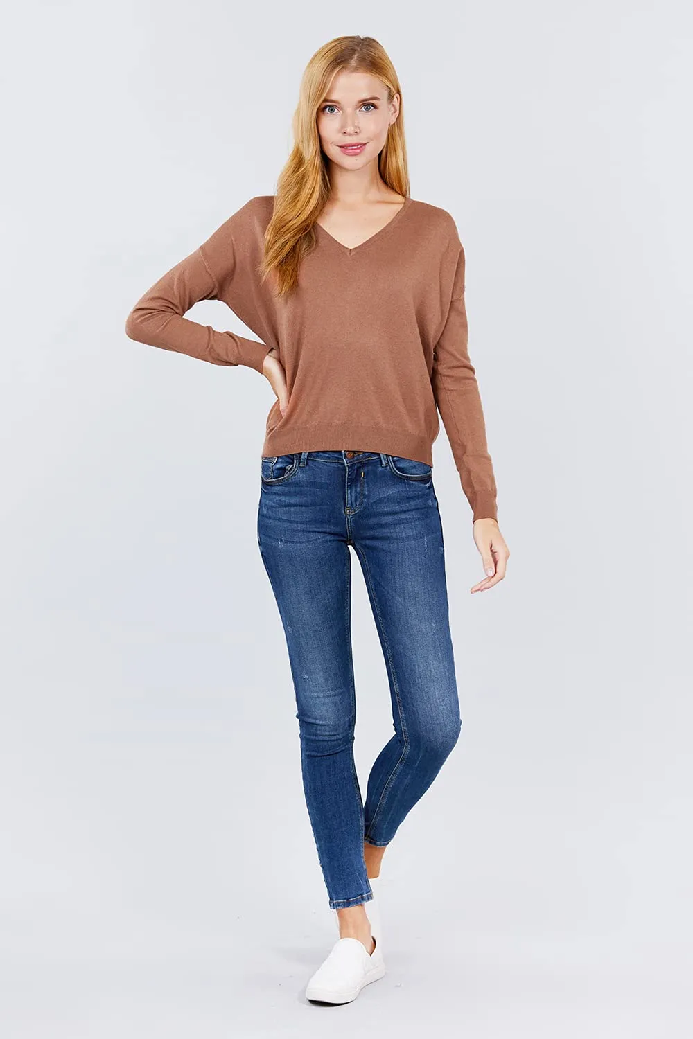 Women's Long Sleeve V-Neck Back Cross Strap Viscose Sweater Top