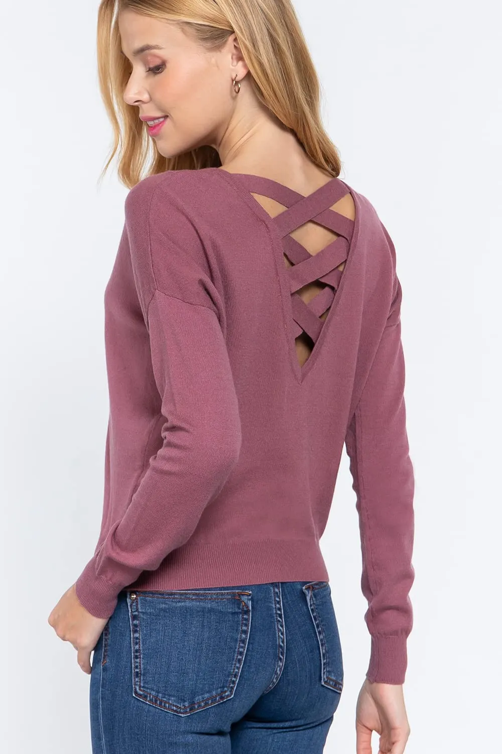 Women's Long Sleeve V-Neck Back Cross Strap Viscose Sweater Top