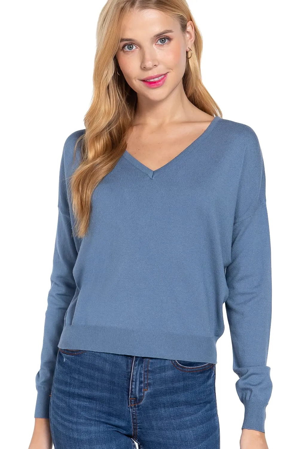 Women's Long Sleeve V-Neck Back Cross Strap Viscose Sweater Top