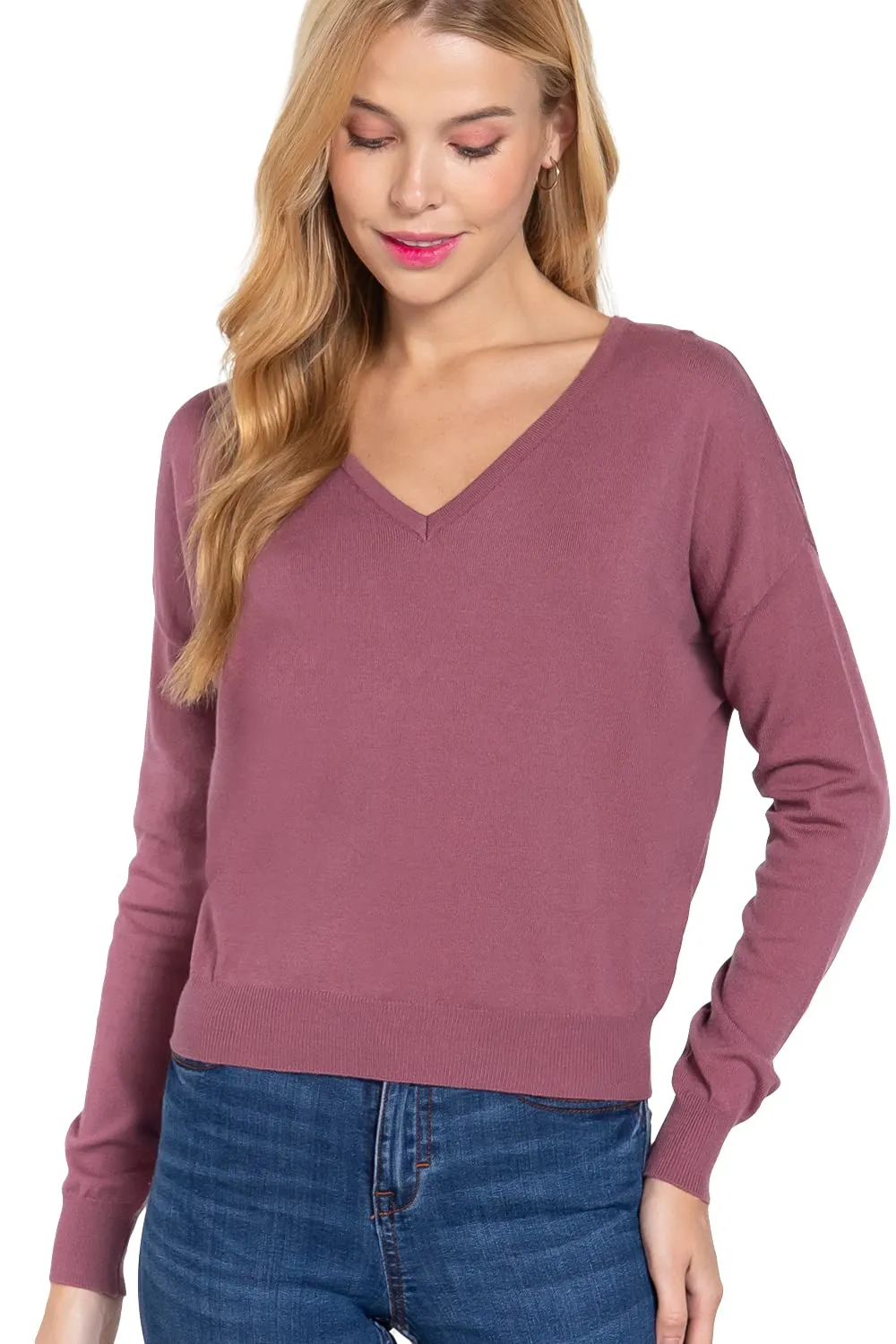 Women's Long Sleeve V-Neck Back Cross Strap Viscose Sweater Top