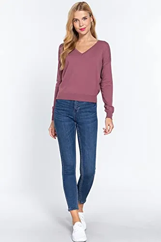 Women's Long Sleeve V-Neck Back Cross Strap Viscose Sweater Top