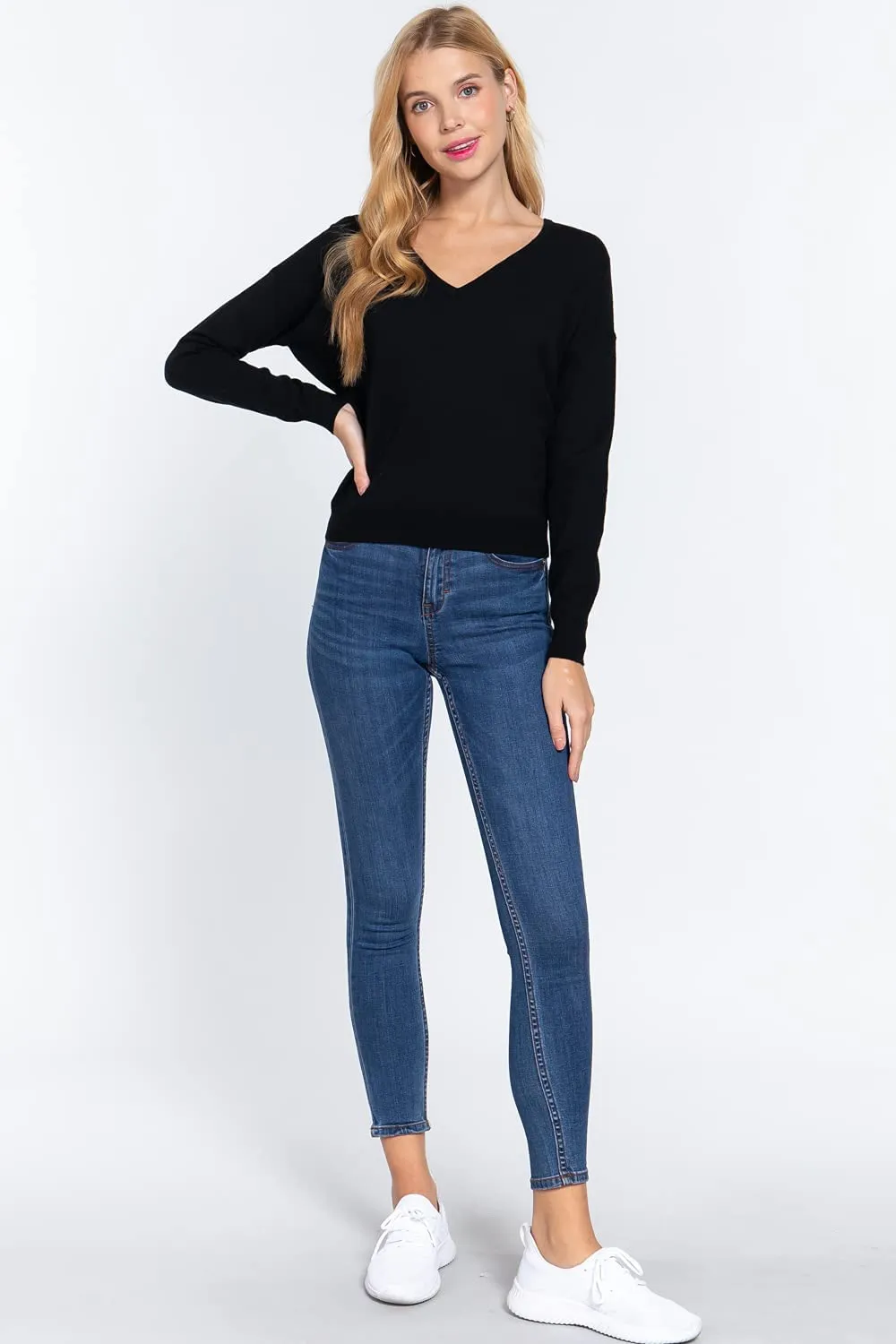 Women's Long Sleeve V-Neck Back Cross Strap Viscose Sweater Top