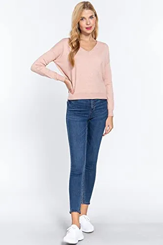 Women's Long Sleeve V-Neck Back Cross Strap Viscose Sweater Top