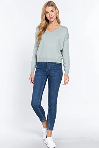 Women's Long Sleeve V-Neck Back Cross Strap Viscose Sweater Top