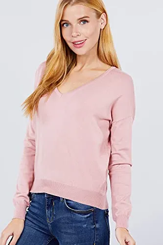 Women's Long Sleeve V-Neck Back Cross Strap Viscose Sweater Top
