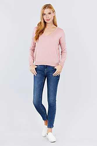 Women's Long Sleeve V-Neck Back Cross Strap Viscose Sweater Top
