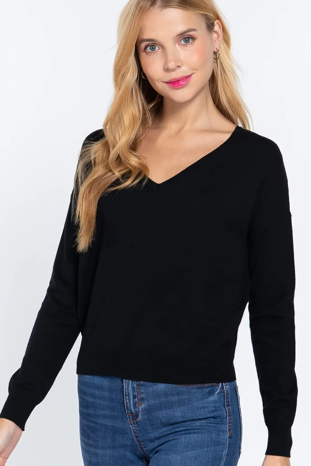 Women's Long Sleeve V-Neck Back Cross Strap Viscose Sweater Top