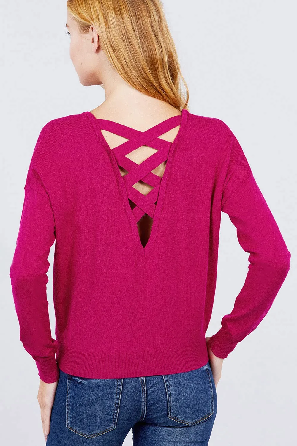 Women's Long Sleeve V-Neck Back Cross Strap Viscose Sweater Top
