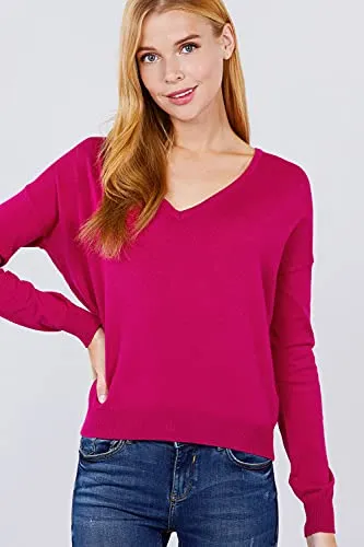 Women's Long Sleeve V-Neck Back Cross Strap Viscose Sweater Top