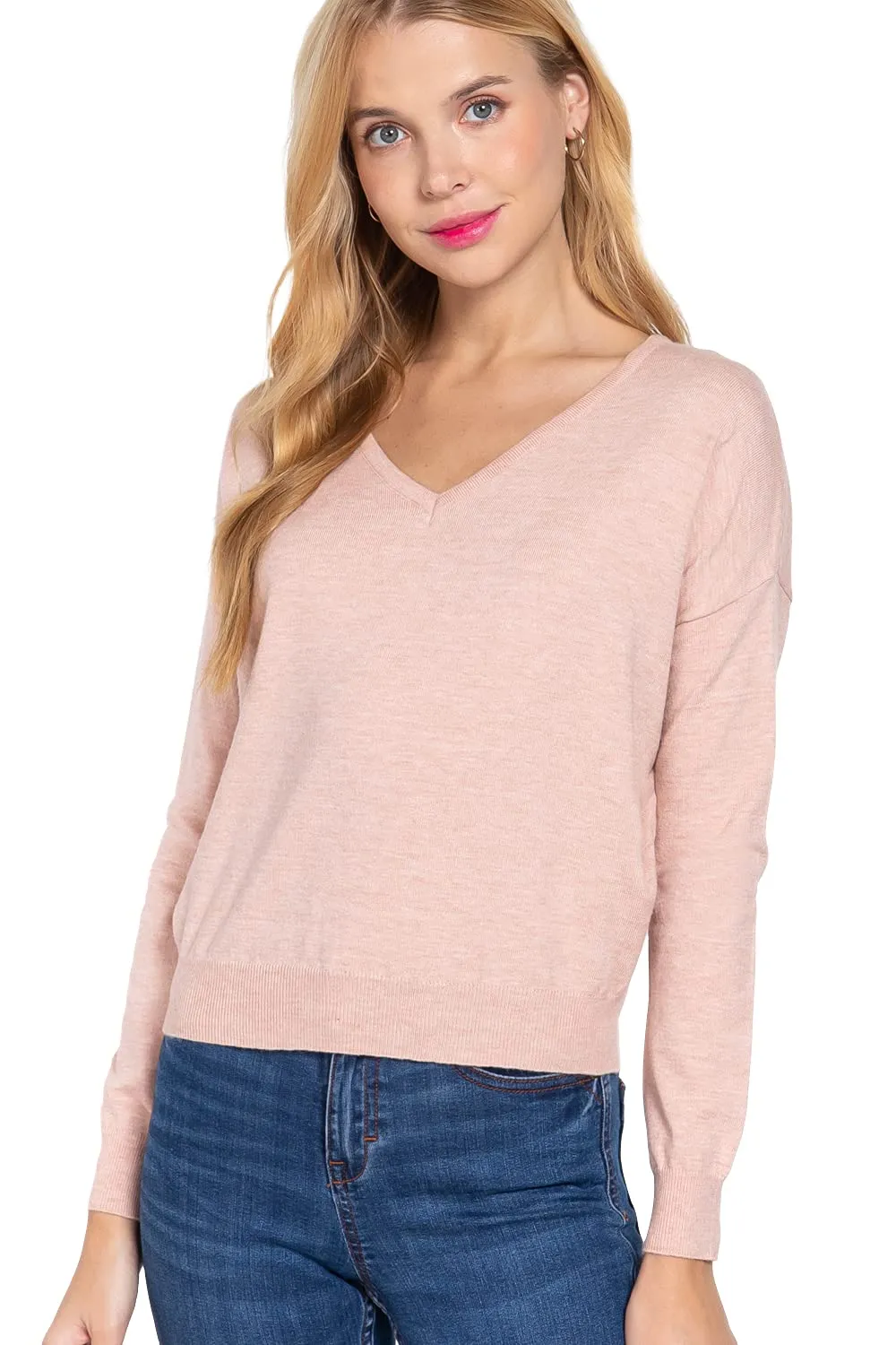 Women's Long Sleeve V-Neck Back Cross Strap Viscose Sweater Top