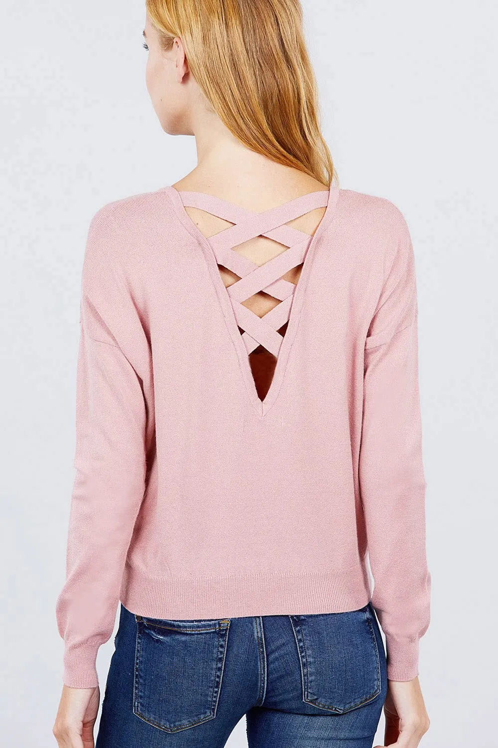 Women's Long Sleeve V-Neck Back Cross Strap Viscose Sweater Top