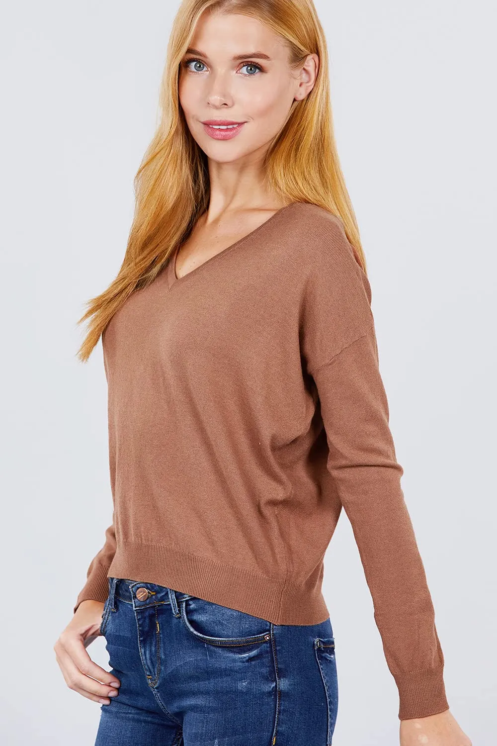 Women's Long Sleeve V-Neck Back Cross Strap Viscose Sweater Top