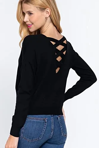 Women's Long Sleeve V-Neck Back Cross Strap Viscose Sweater Top