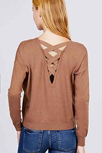 Women's Long Sleeve V-Neck Back Cross Strap Viscose Sweater Top