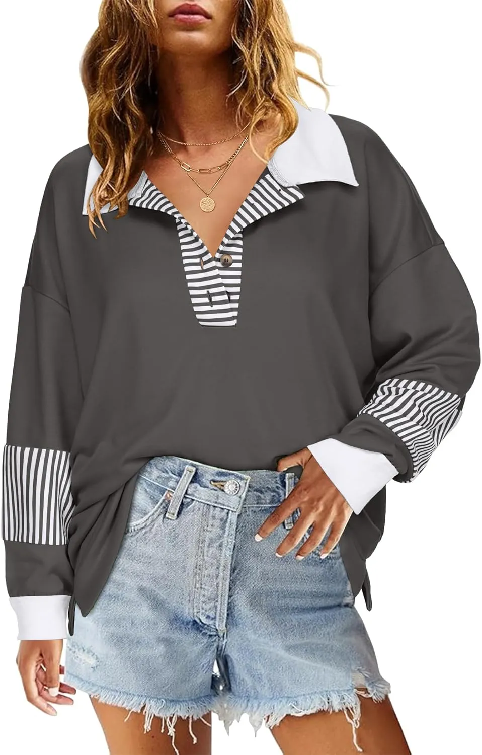Zeagoo Women's Sweatshirt Striped Long Sleeve Henley Button Tunic Tops