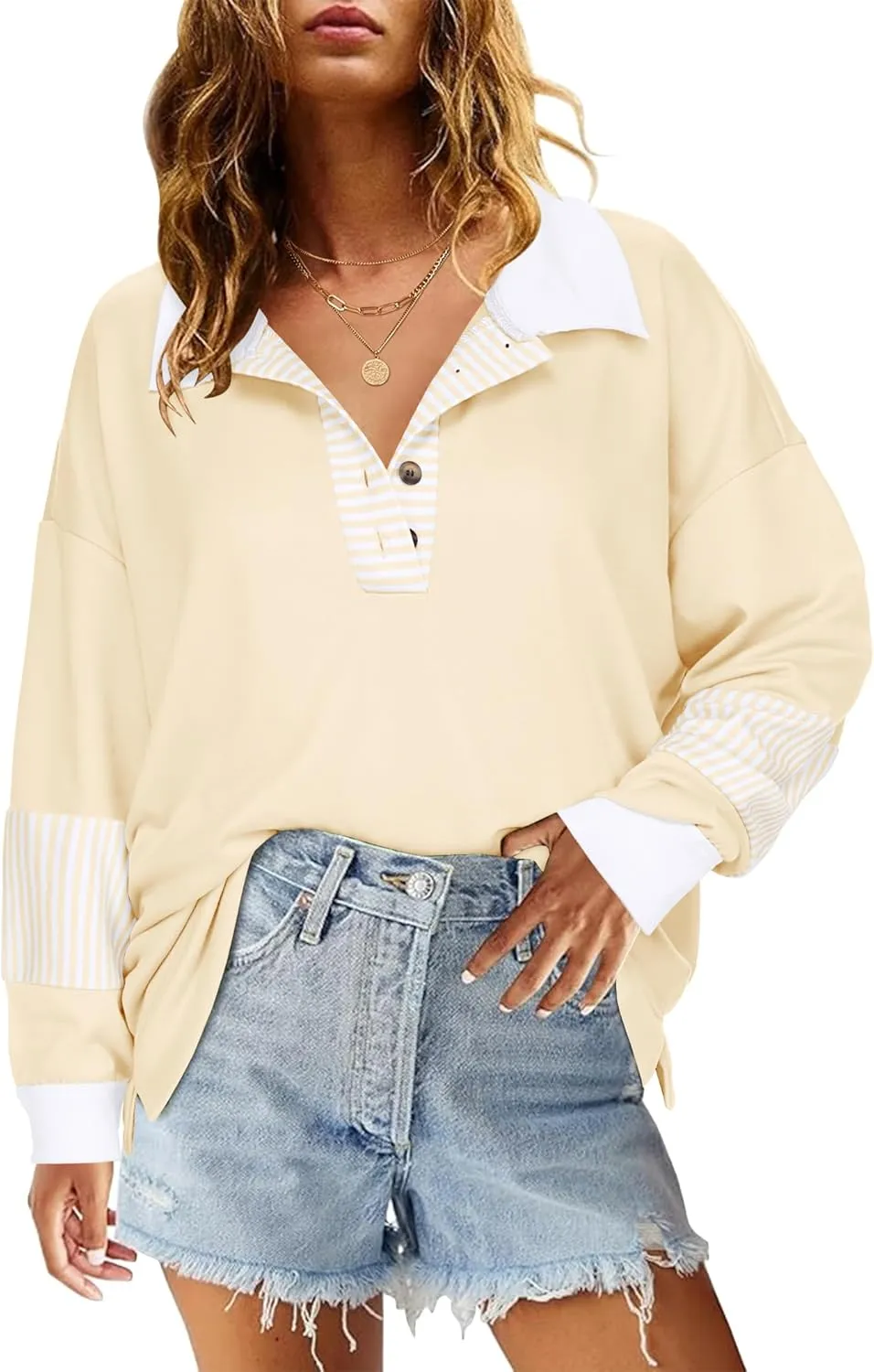 Zeagoo Women's Sweatshirt Striped Long Sleeve Henley Button Tunic Tops