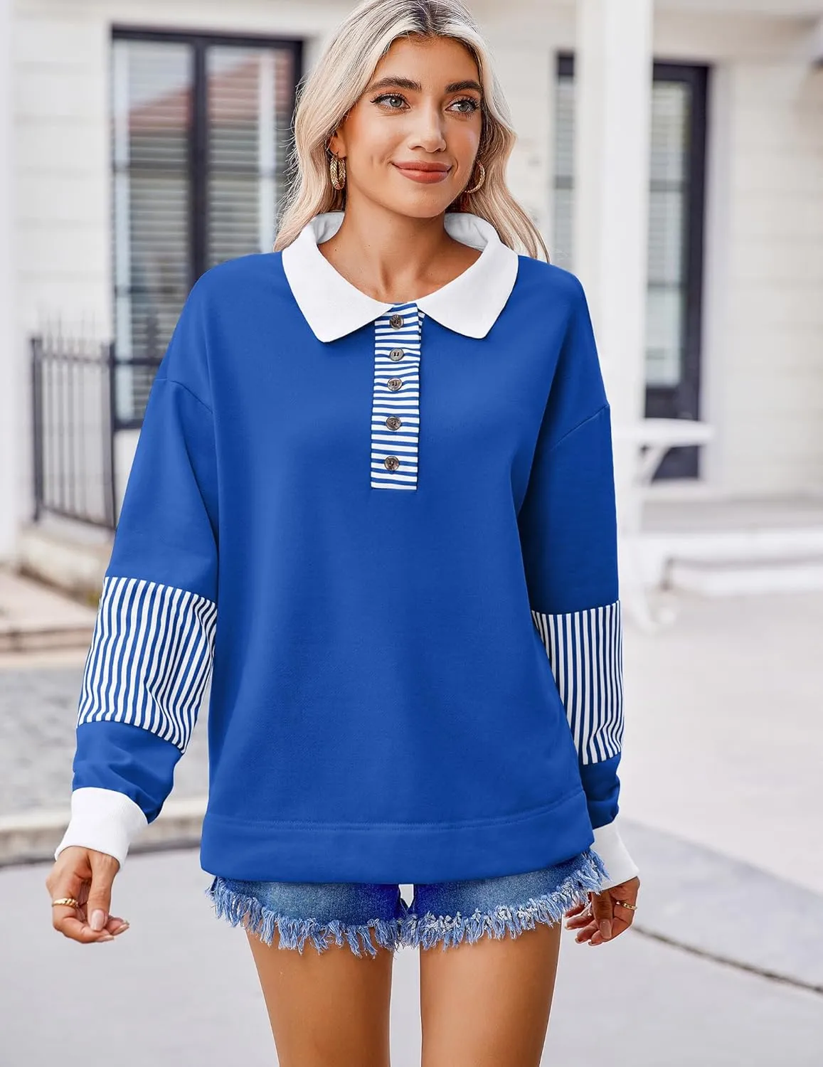 Zeagoo Women's Sweatshirt Striped Long Sleeve Henley Button Tunic Tops