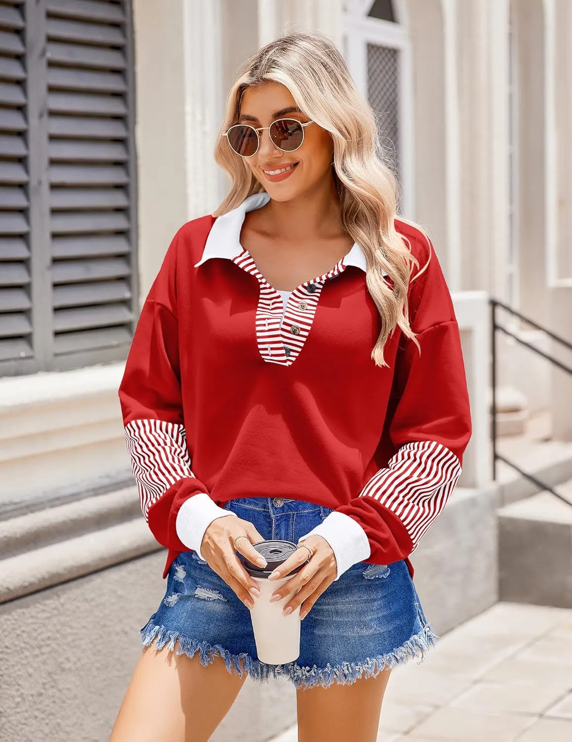 Zeagoo Women's Sweatshirt Striped Long Sleeve Henley Button Tunic Tops